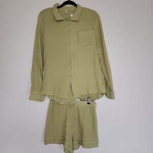MISS SP Women's 2-Piece Textured Cotton Blend Shirt and Shorts Set in Sage Green